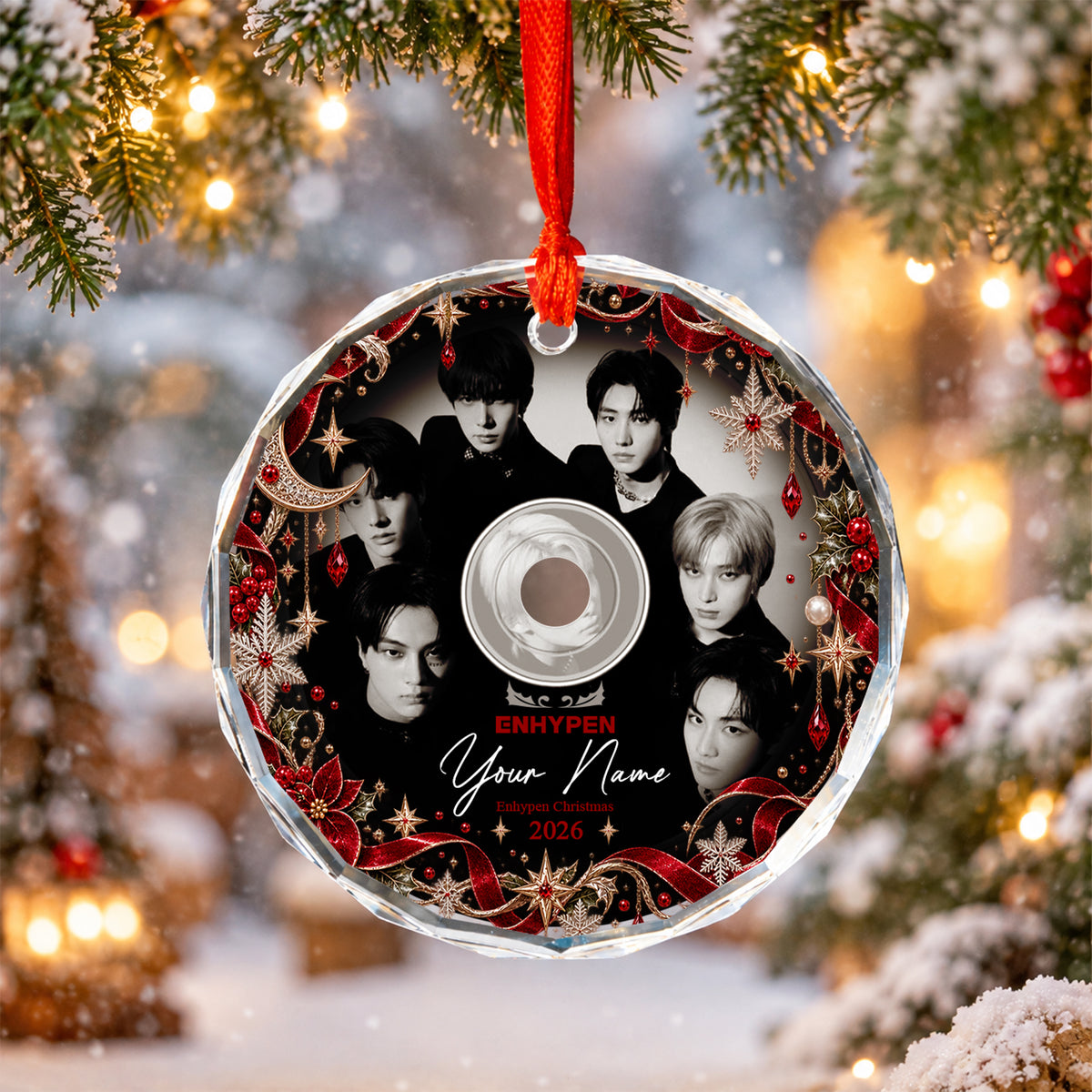 ENHYPEN Monochrome CD Custom Name Ornament - glass round ornament, fan-made kpop personalized Christmas ornament