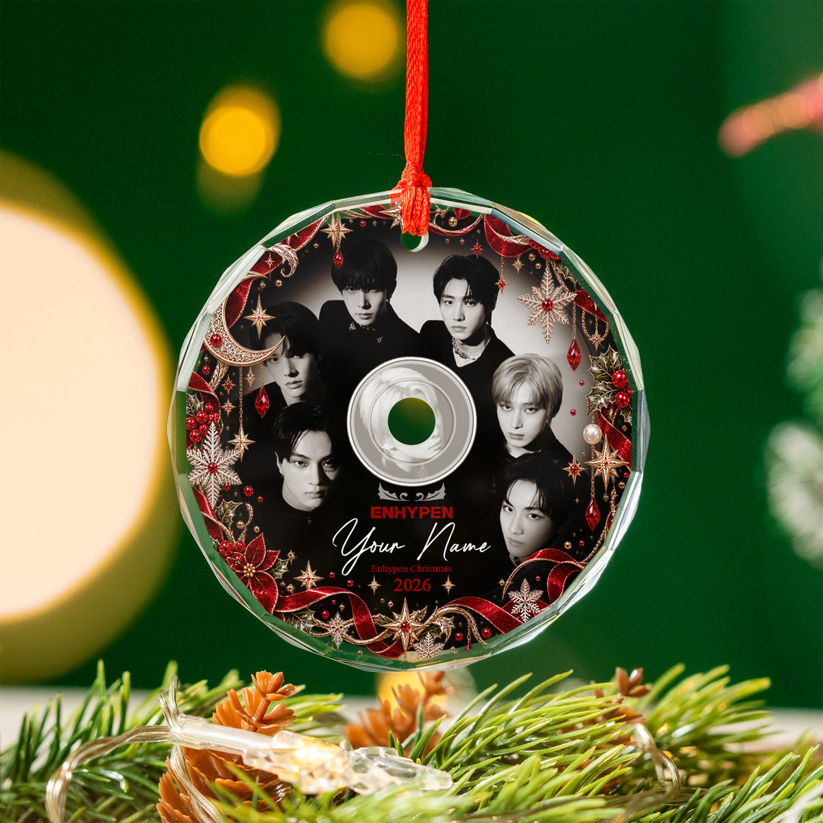 ENHYPEN Monochrome CD Custom Name Ornament - glass round ornament, another view, fan-made kpop personalized Christmas ornament