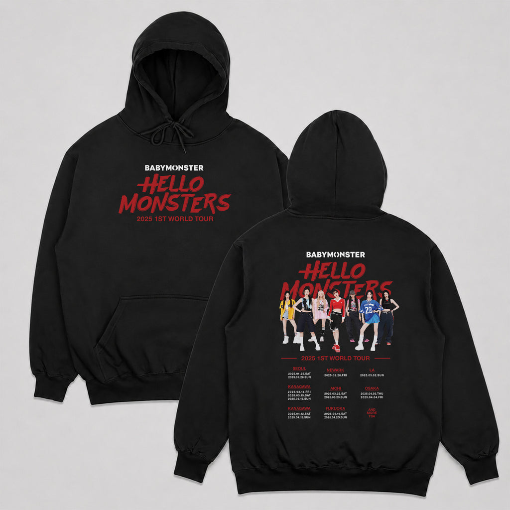BABYMONSTER Hello Monsters 2025 1st World Tour Hoodie - Main view, Y2K kpop concert hoodie