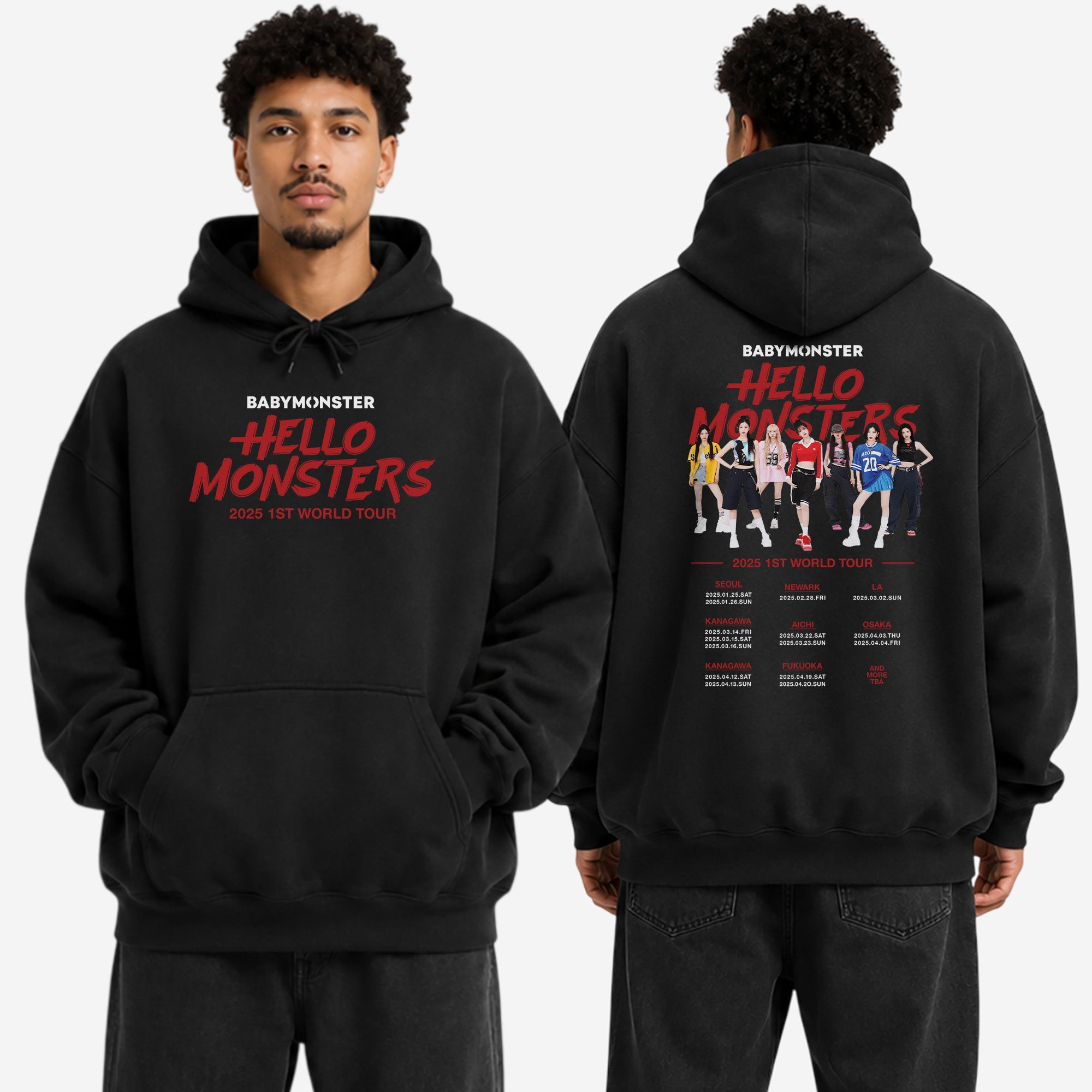 BABYMONSTER Hello Monsters 2025 1st World Tour Hoodie - Men view, Y2K kpop concert hoodie