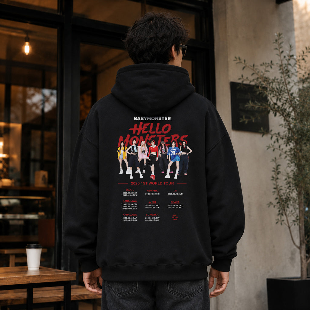 BABYMONSTER Hello Monsters 2025 1st World Tour Hoodie - Men Back view, Y2K kpop concert hoodie