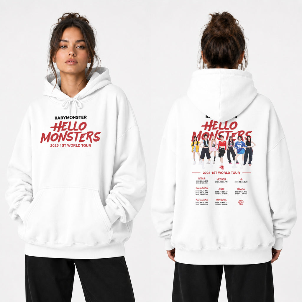 BABYMONSTER Hello Monsters 2025 1st World Tour Hoodie - Women view, Y2K kpop concert hoodie