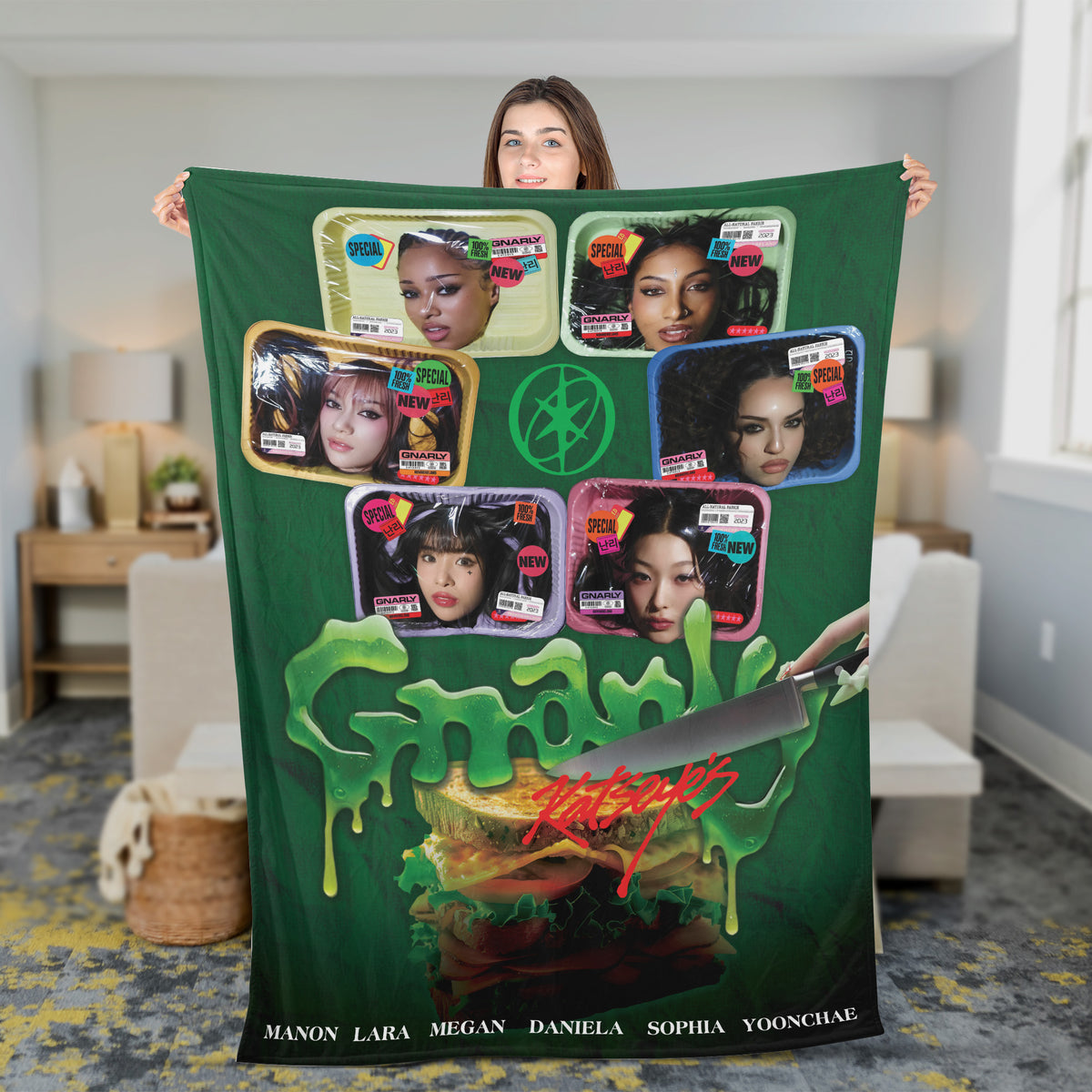 KATSEYE Gnarly Fleece Blanket - held up to show the full print, fan-made kpop fleece blanket