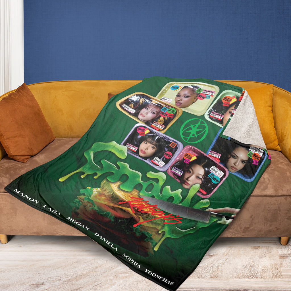 KATSEYE Gnarly Fleece Blanket - on a sofa, fan-made kpop fleece blanket