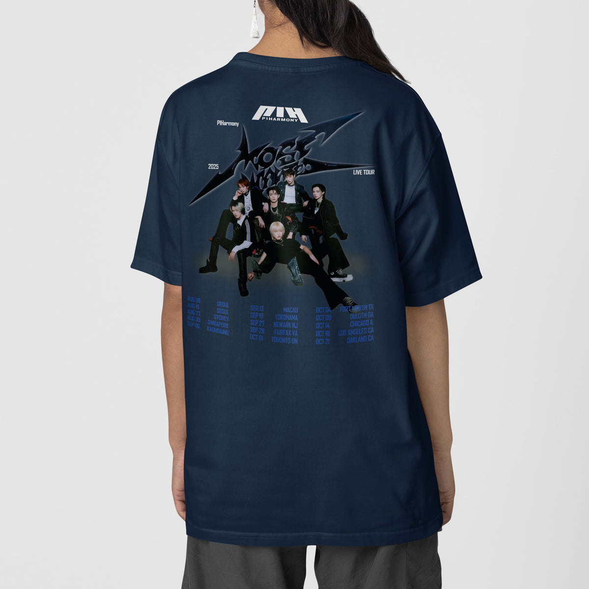 P1Harmony Live Tour 2025 P1ustage H : Most Wanted T-Shirt - Back view, Y2K kpop concert tee