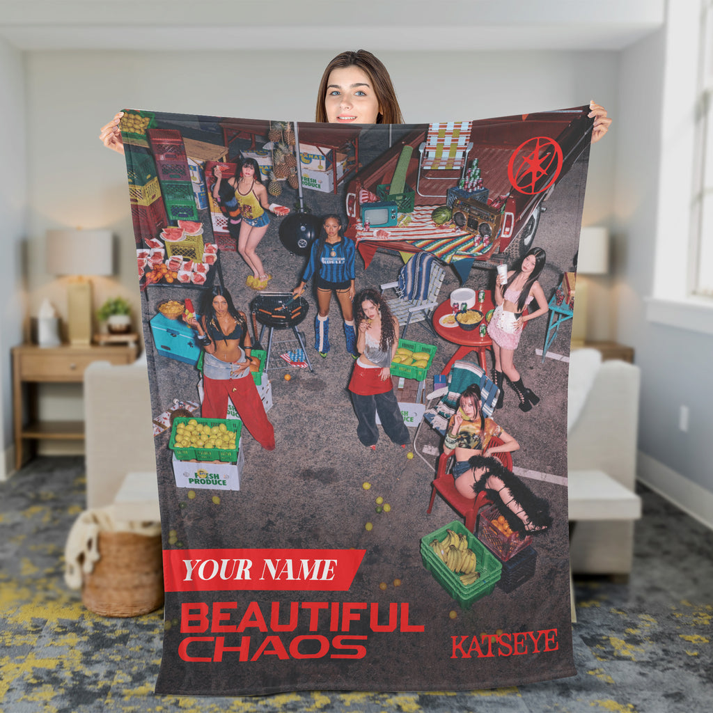 KATSEYE Beautiful Chaos Custom Name Blanket - held up to show the full print, fan-made kpop personalized fleece blanket