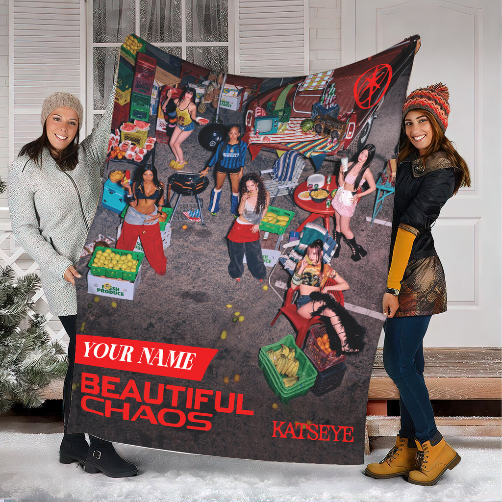 KATSEYE Beautiful Chaos Custom Name Blanket - main view, fan-made kpop personalized fleece blanket