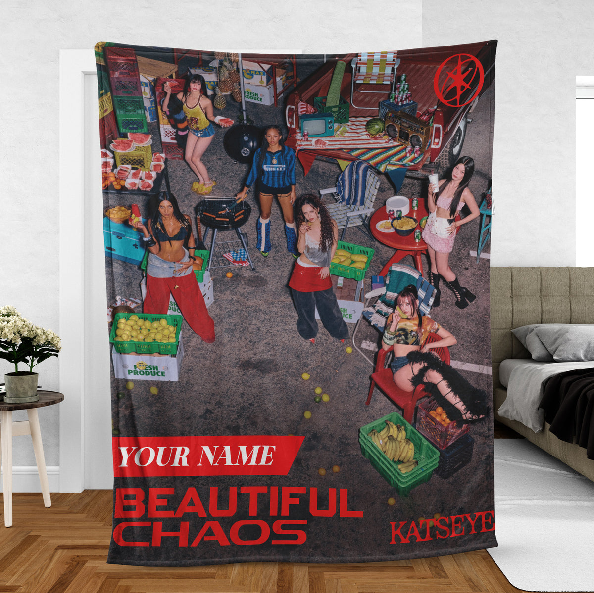 KATSEYE Beautiful Chaos Custom Name Blanket - bedroom view, fan-made kpop personalized fleece blanket