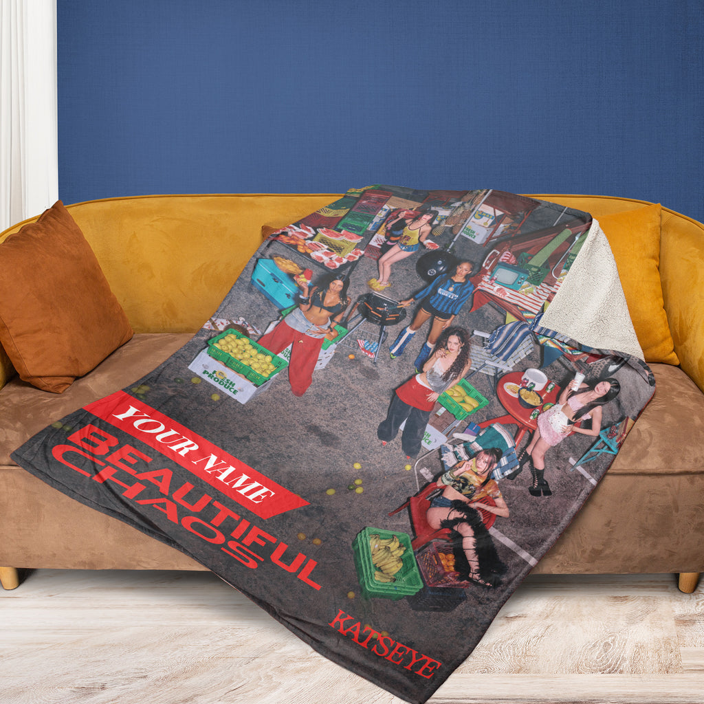 KATSEYE Beautiful Chaos Custom Name Blanket - on a sofa, fan-made kpop personalized fleece blanket