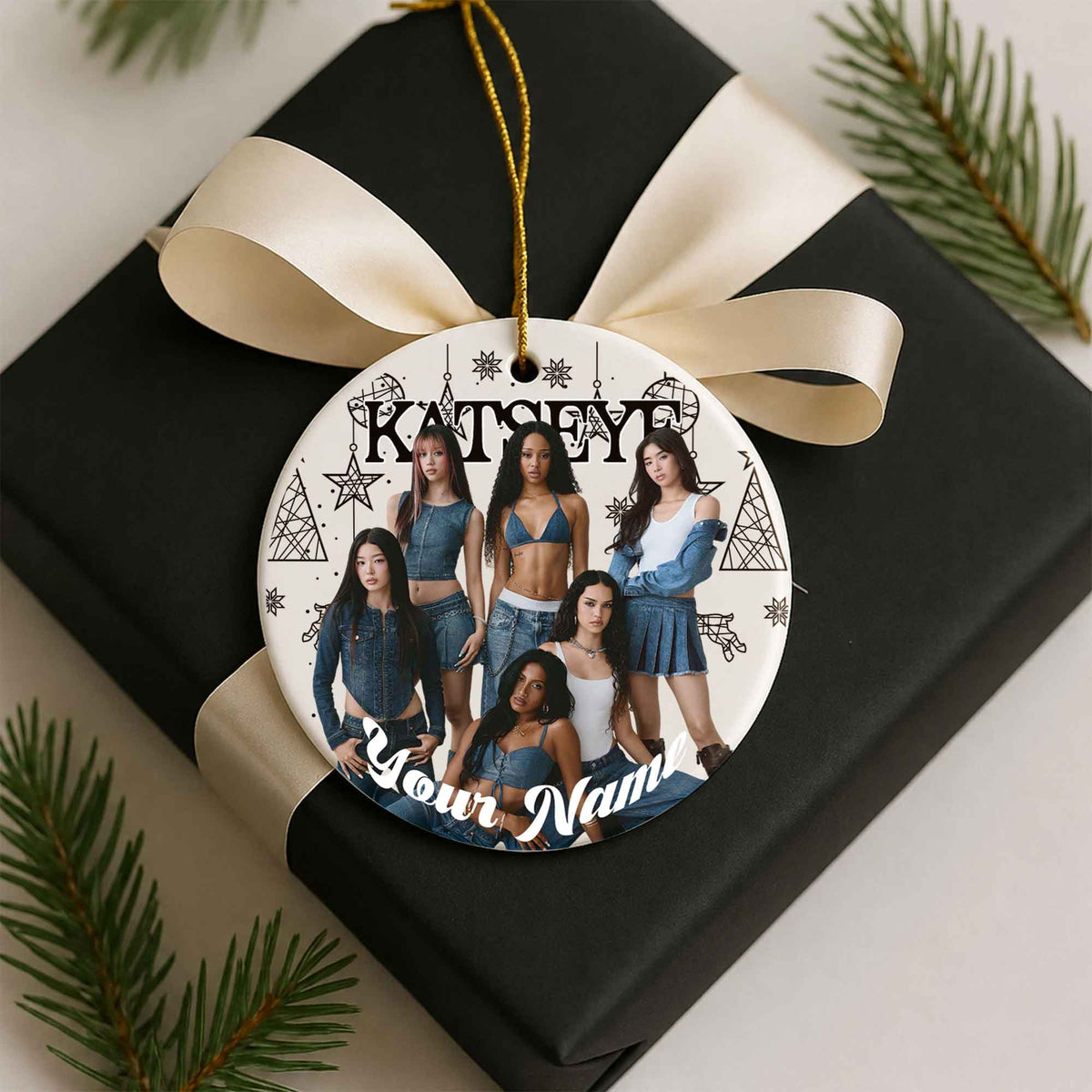 KATSEYE Custom Name Ornament - ceramic round ornament, another view, fan-made kpop personalized Christmas ornament