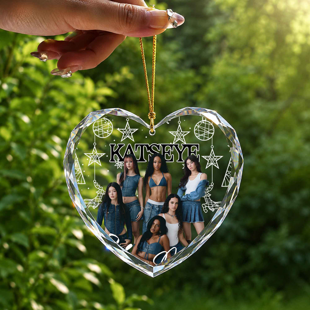 KATSEYE Custom Name Ornament - glass heart ornament, fan-made kpop personalized Christmas ornament