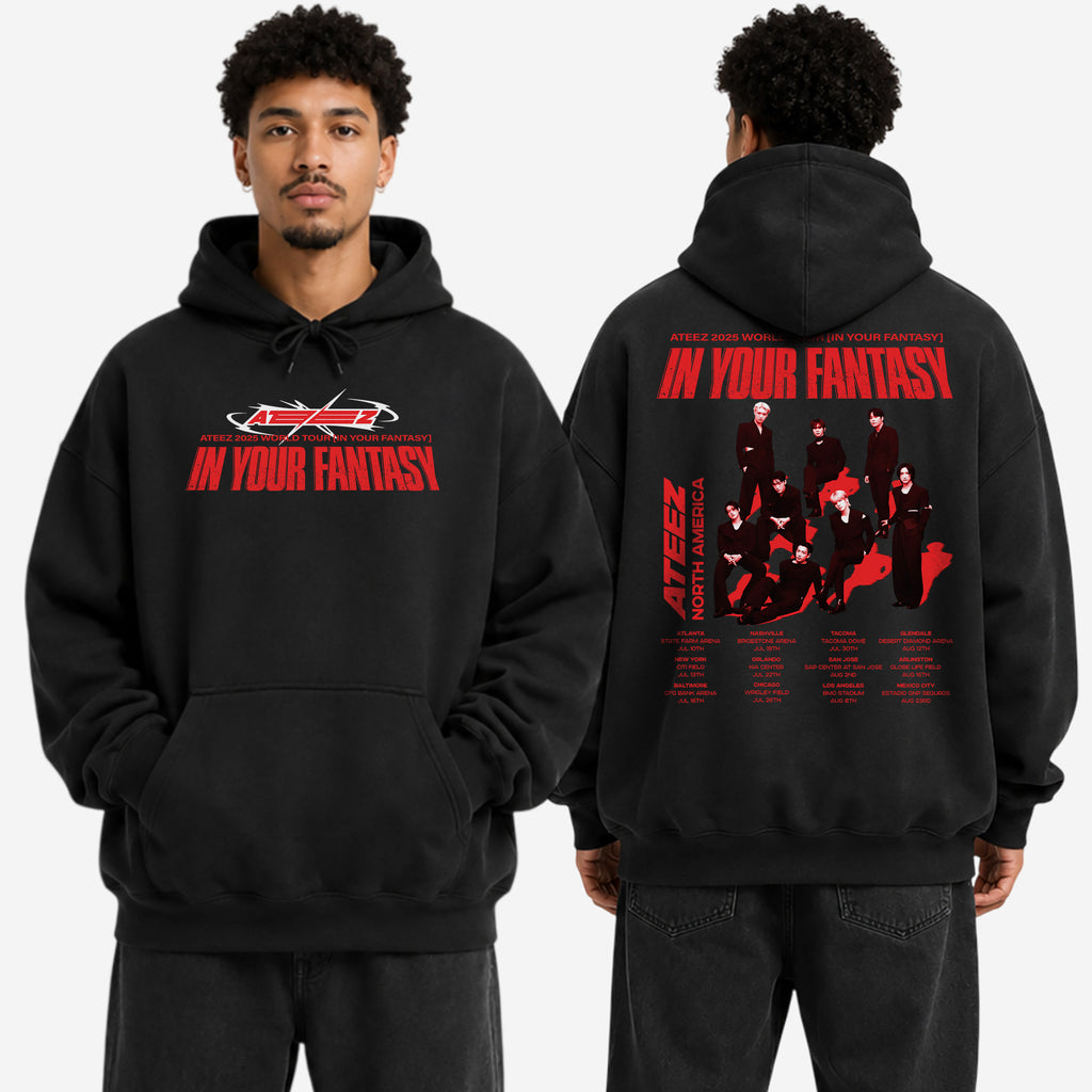 ATEEZ 2025 World Tour in North America Hoodie - Men view, Y2K kpop concert hoodie