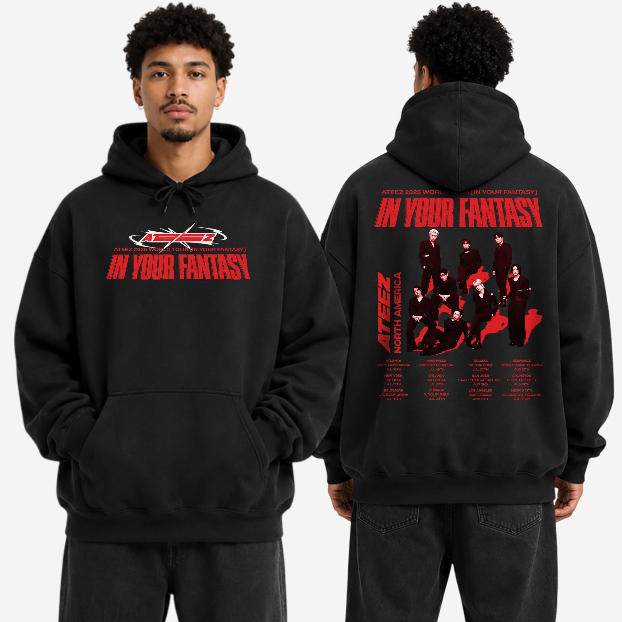 ATEEZ 2025 World Tour in North America Hoodie - Men view, Y2K kpop concert hoodie