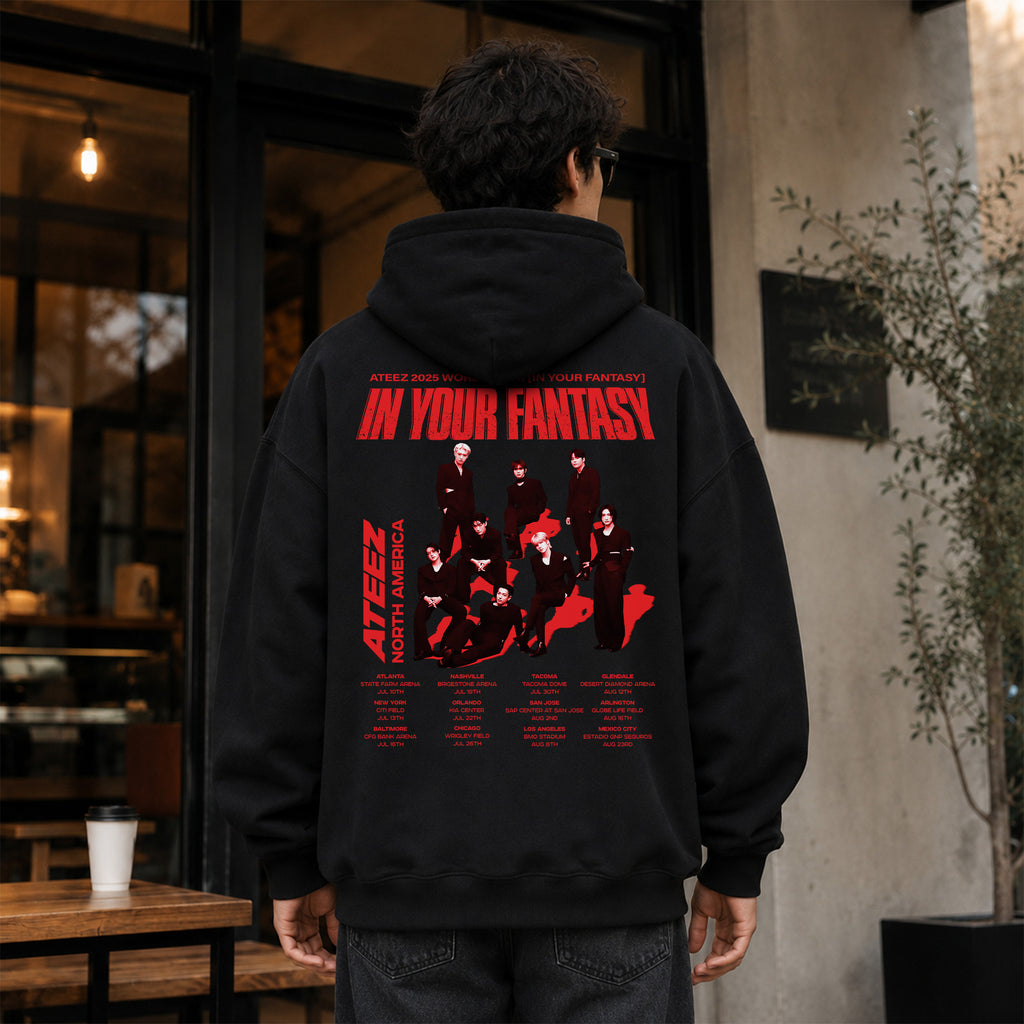 ATEEZ 2025 World Tour in North America Hoodie - Men Back view, Y2K kpop concert hoodie