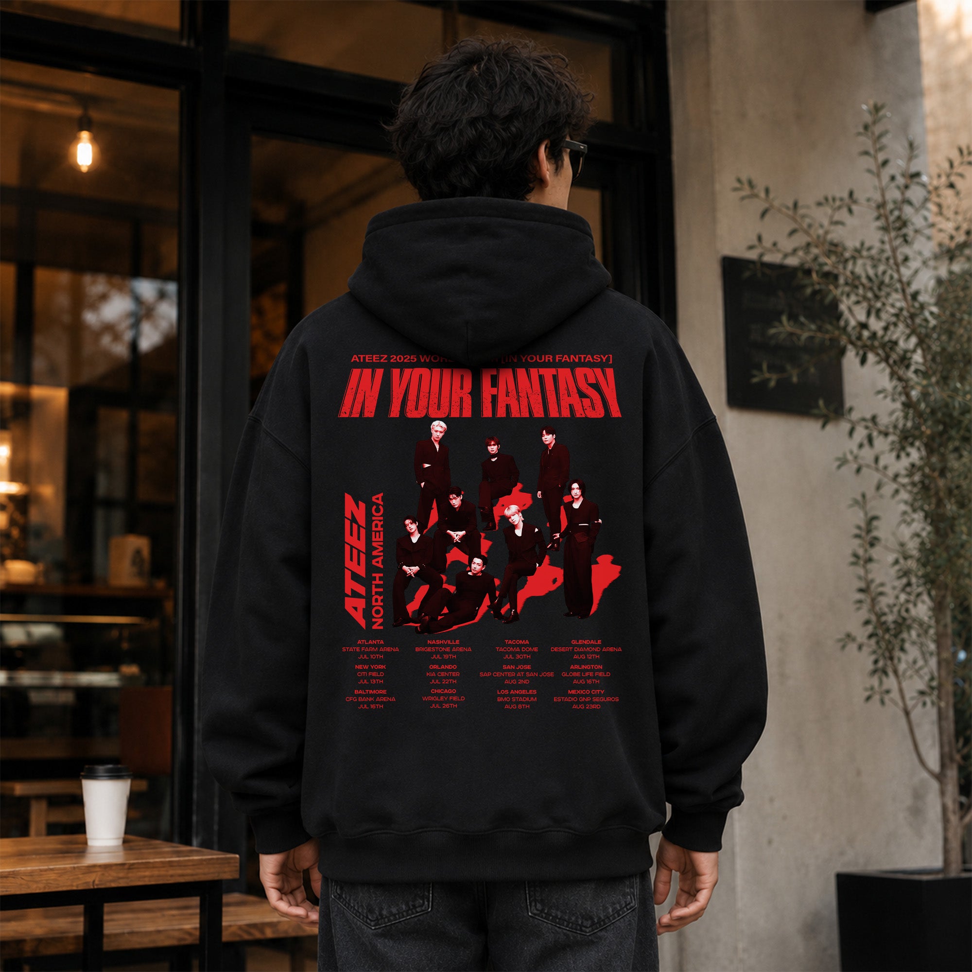 ATEEZ 2025 World Tour in North America Hoodie - Men Back view, Y2K kpop concert hoodie
