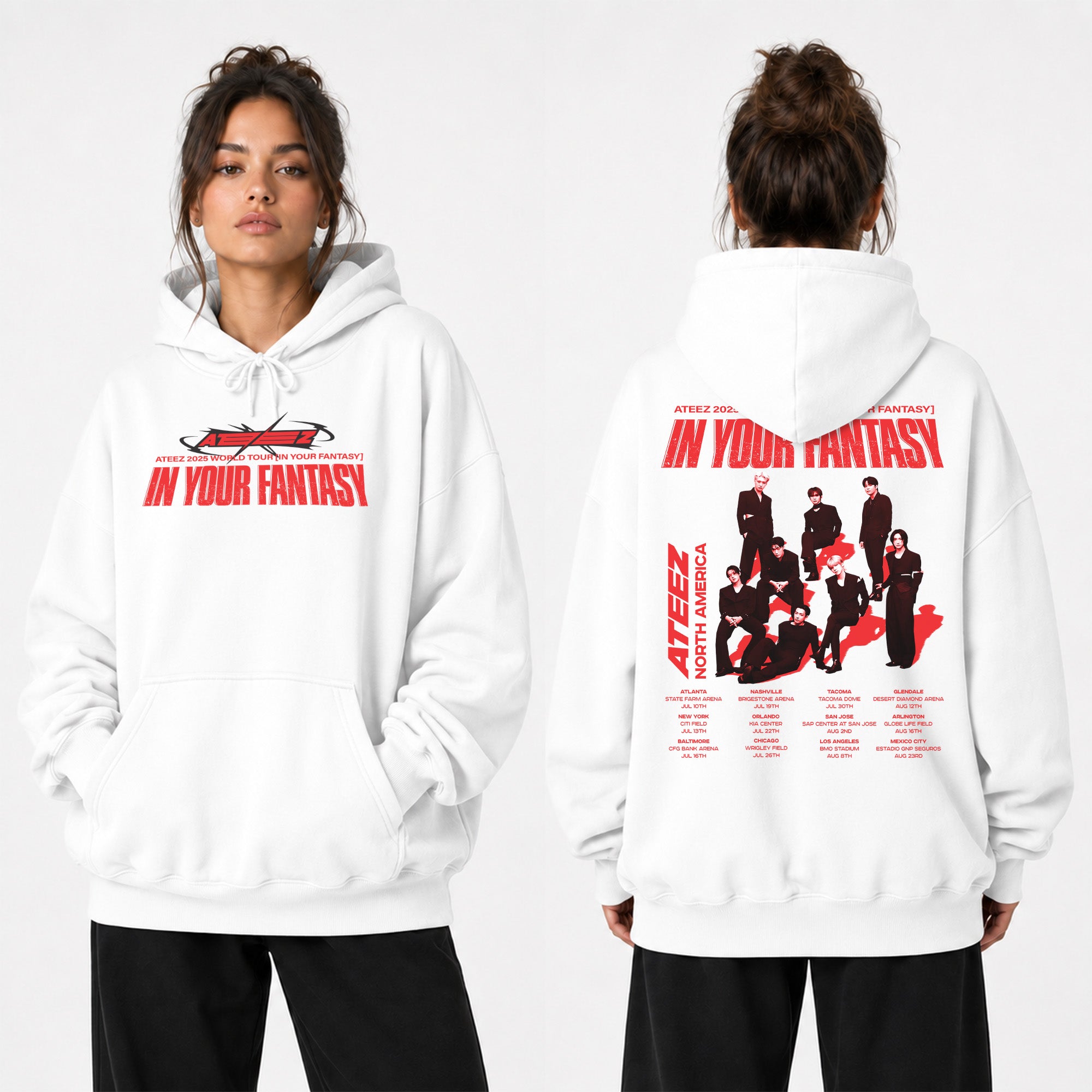 ATEEZ 2025 World Tour in North America Hoodie - Women view, Y2K kpop concert hoodie