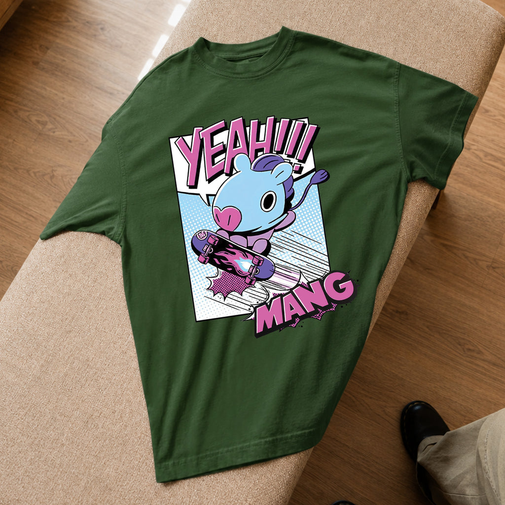 BTS J-Hope BT21 Mang Yeah T-Shirt - Spread view, Y2K kpop concert tee