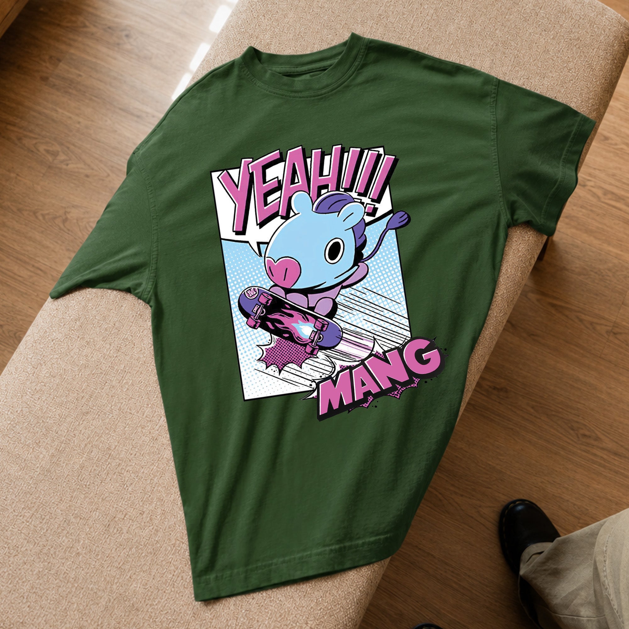 BTS J-Hope BT21 Mang Yeah T-Shirt - Spread view, Y2K kpop concert tee