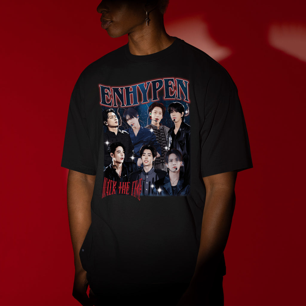 ENHYPEN Graphic Walk The Line T-Shirt - Men view, Y2K kpop concert tee