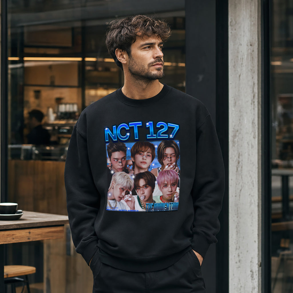 NCT 127 Graphic The Momentum Sweatshirt - Men view, Y2K kpop concert sweatshirt