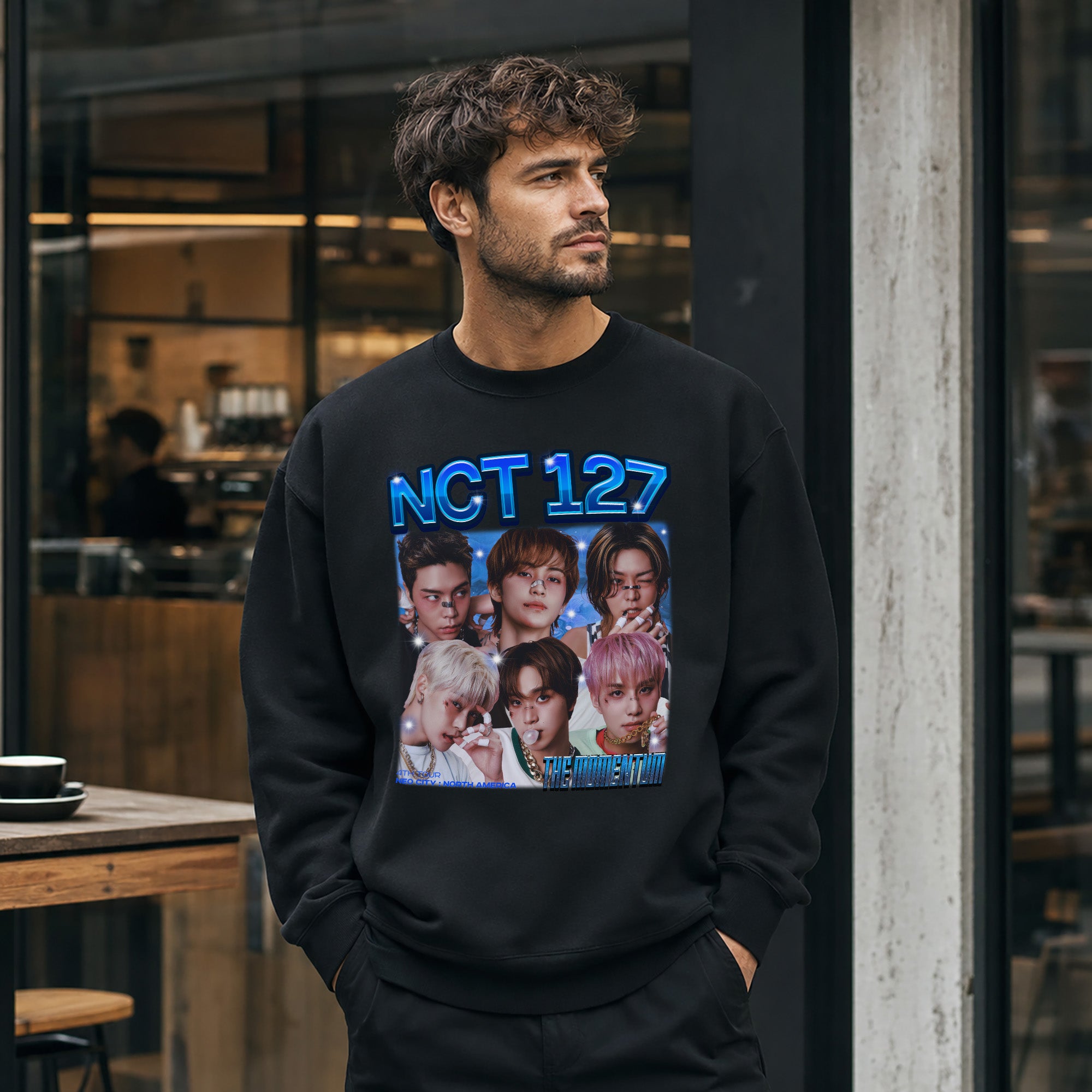NCT 127 Graphic The Momentum Sweatshirt - Men view, Y2K kpop concert sweatshirt