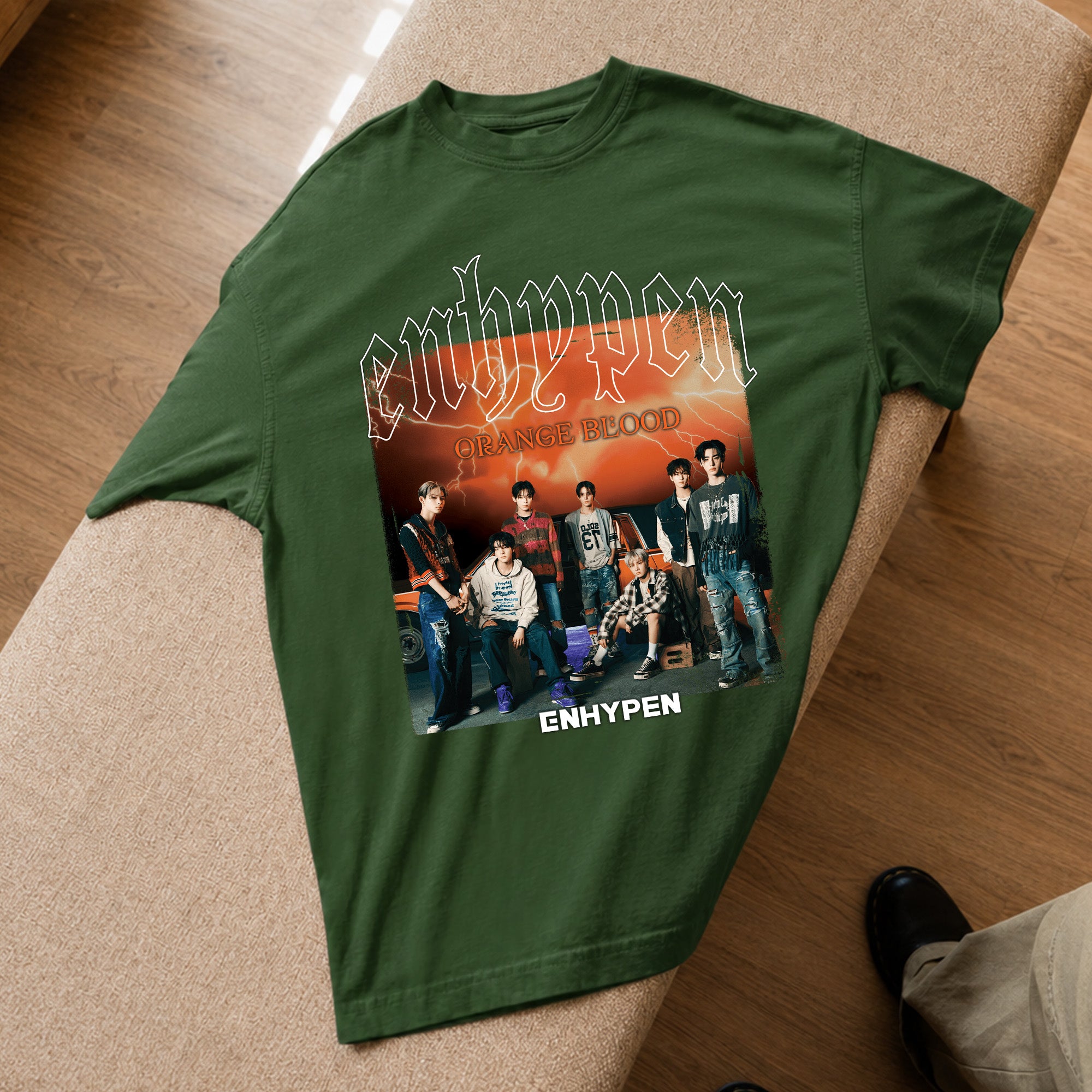 ENHYPEN En- Orange Blood Inspired T-Shirt - Spread view, Y2K kpop concert tee