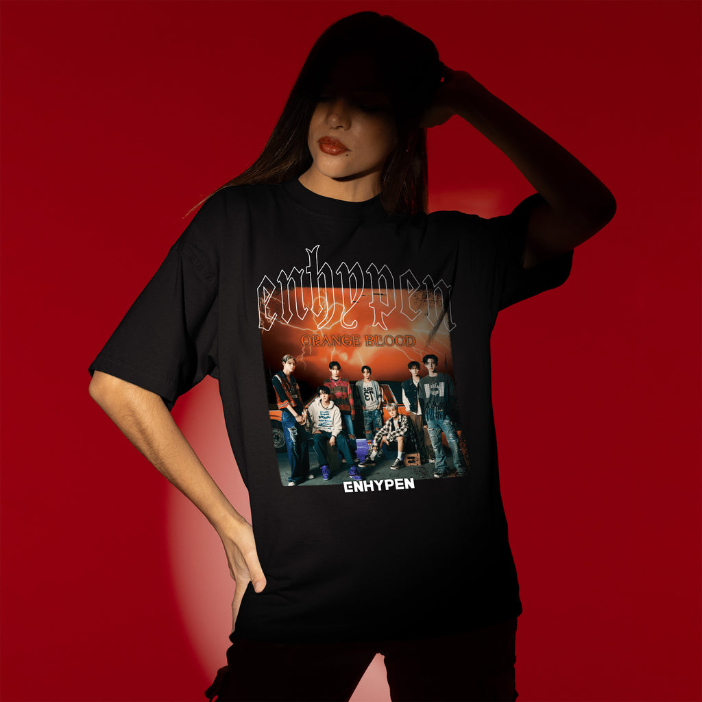 ENHYPEN En- Orange Blood Inspired T-Shirt - Women view, Y2K kpop concert tee