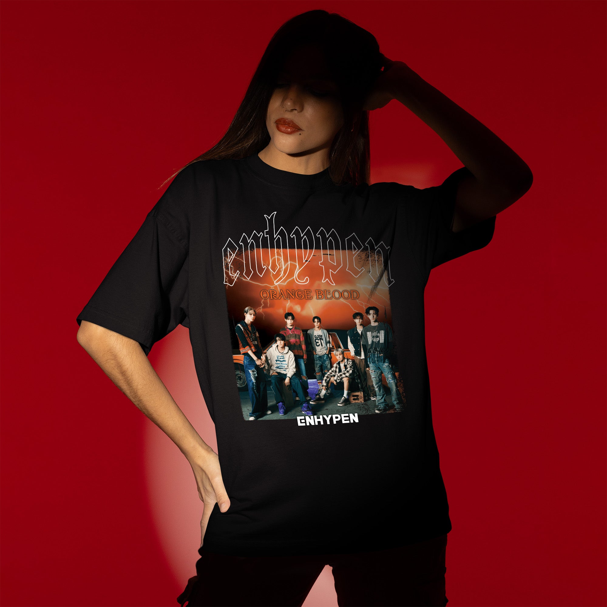 ENHYPEN En- Orange Blood Inspired T-Shirt - Women view, Y2K kpop concert tee