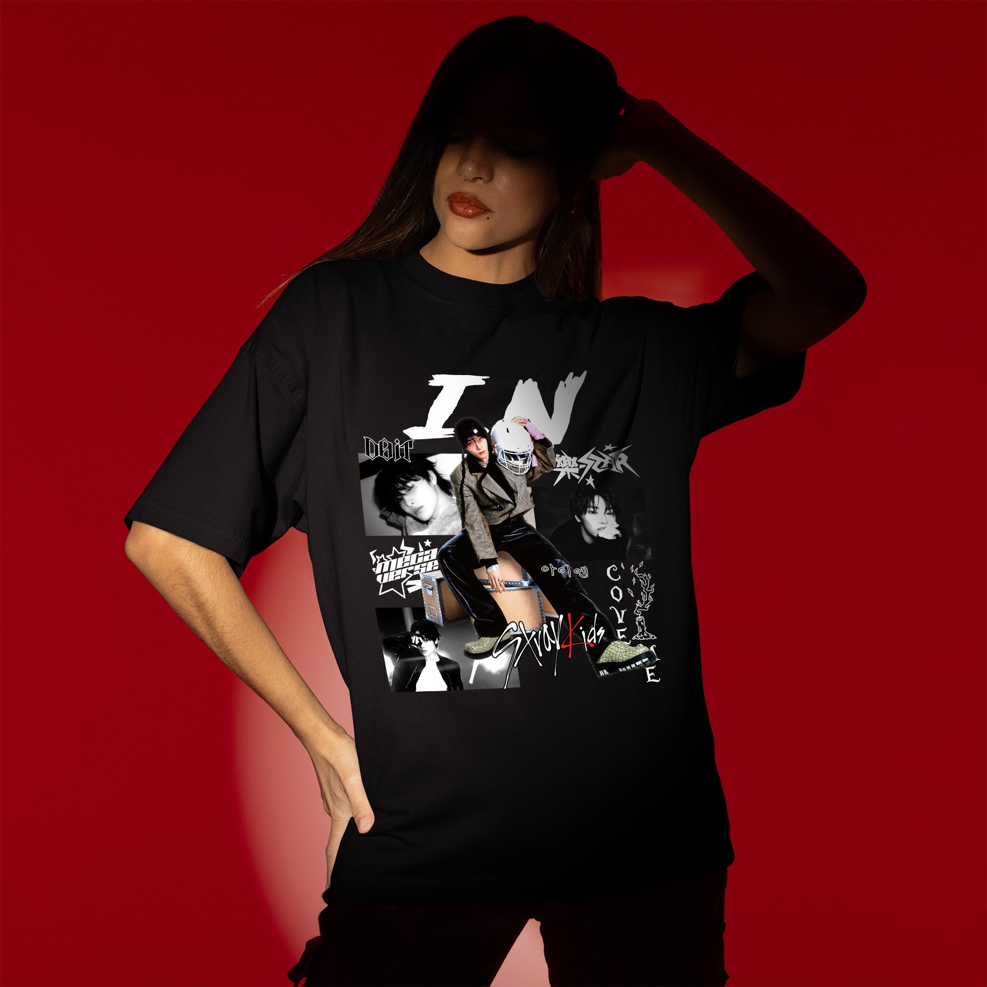 Stray Kids Graphic IN Style T-Shirt - Women view, Y2K kpop concert tee