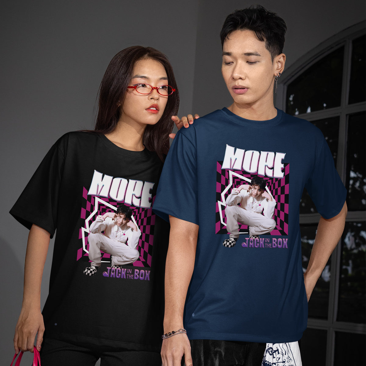 BTS J-Hope Graphic More Jack In The Box T-Shirt - Couple view, Y2K kpop concert tee