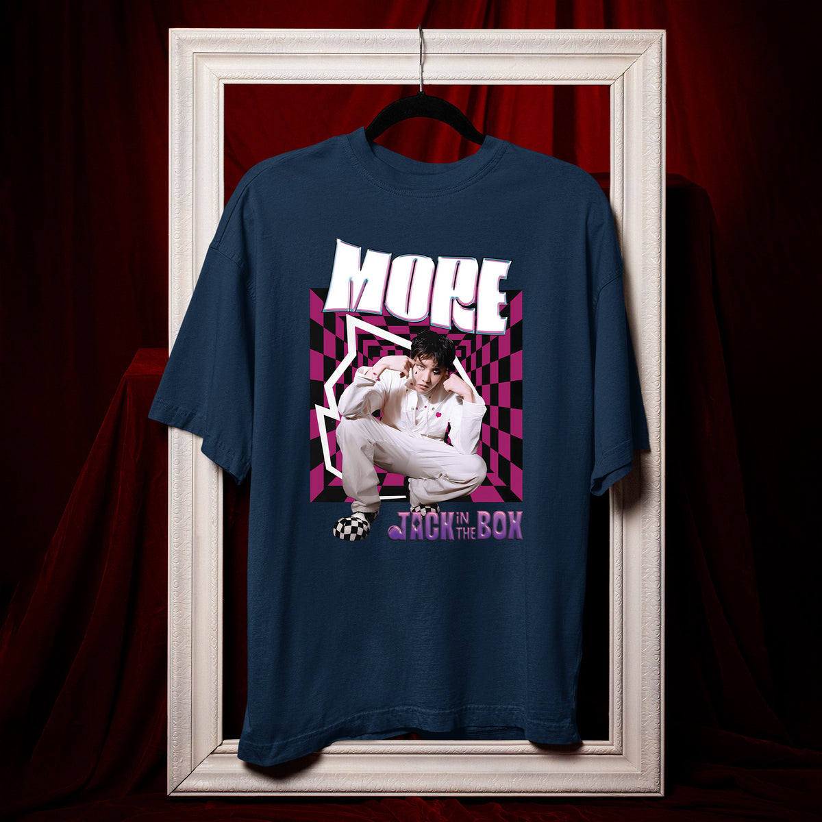 BTS J-Hope Graphic More Jack In The Box T-Shirt - Hang view, Y2K kpop concert tee
