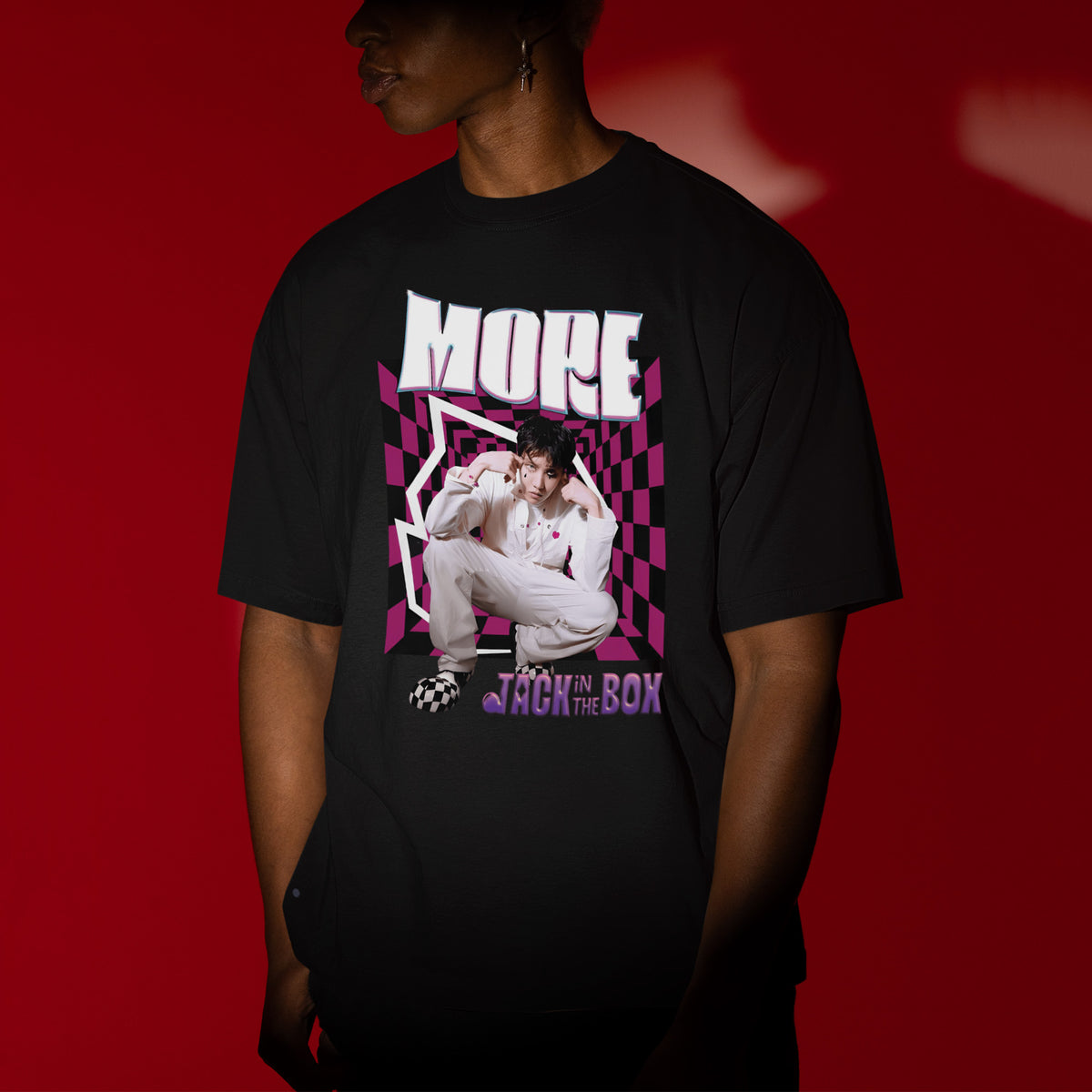 BTS J-Hope Graphic More Jack In The Box T-Shirt - Men view, Y2K kpop concert tee