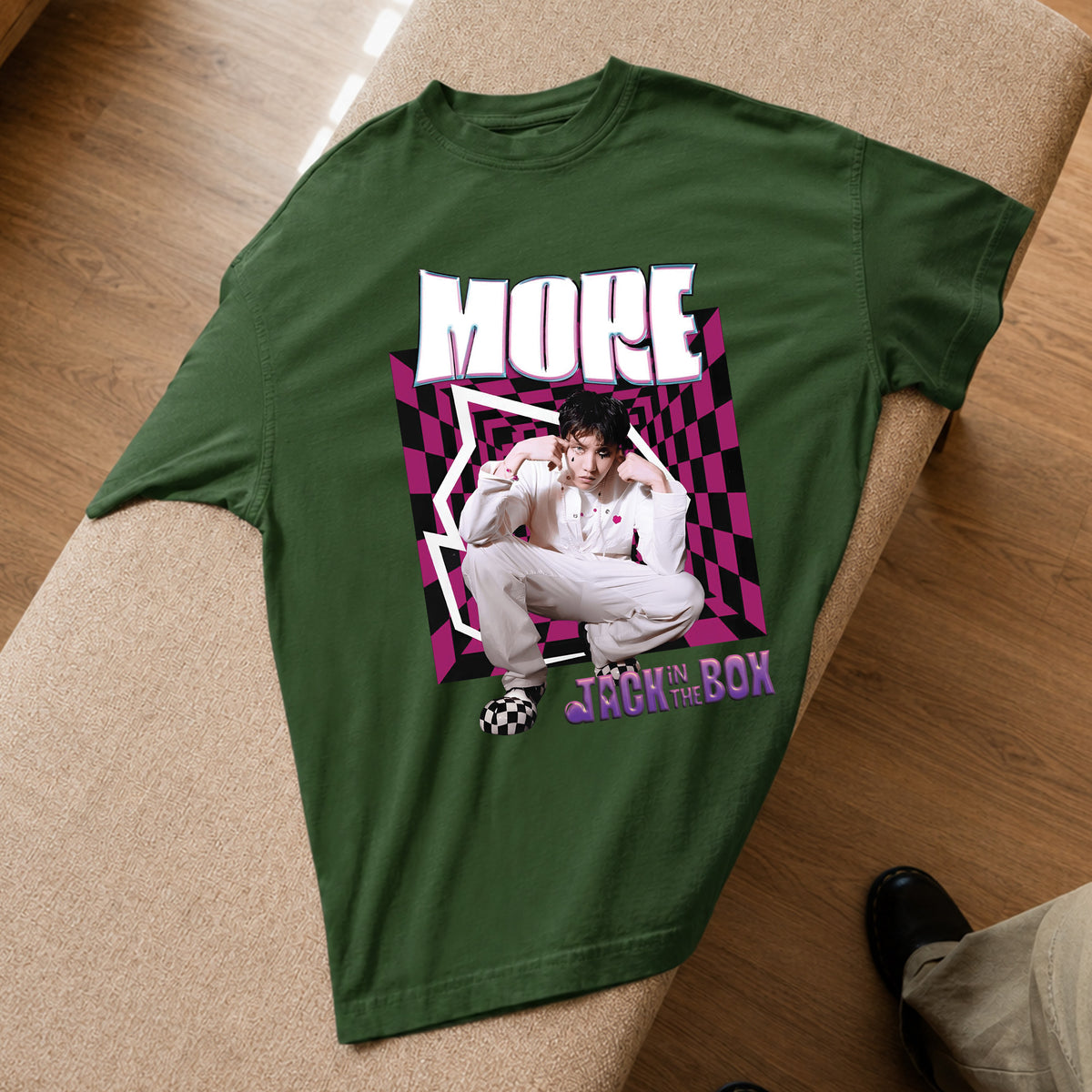 BTS J-Hope Graphic More Jack In The Box T-Shirt - Spread view, Y2K kpop concert tee