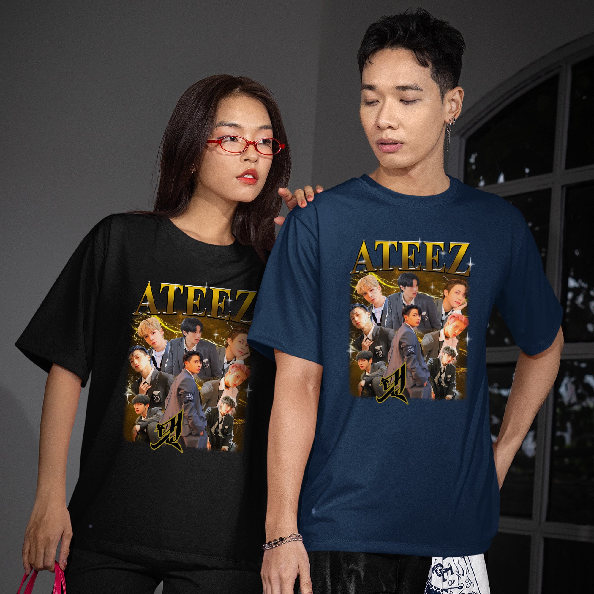 ATEEZ Retro Boy Band T-Shirt - Couple view, Y2K kpop concert tee