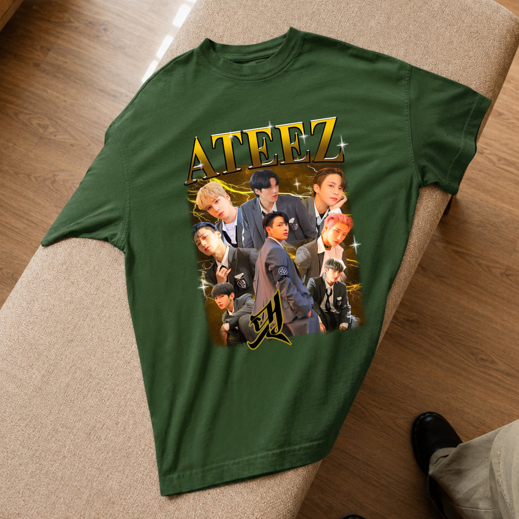 ATEEZ Retro Boy Band T-Shirt - Spread view, Y2K kpop concert tee