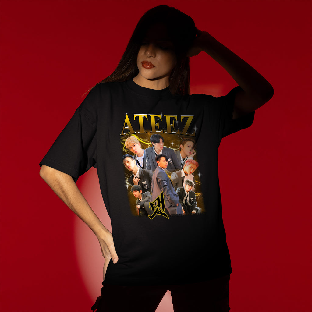 ATEEZ Retro Boy Band T-Shirt - Women view, Y2K kpop concert tee