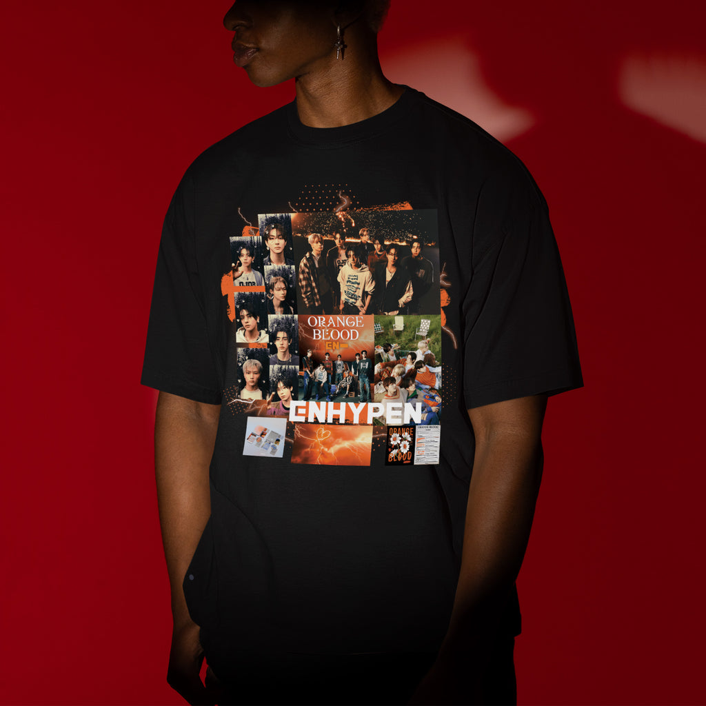 ENHYPEN Orange Blood Fanmade T-Shirt - Men view, Y2K kpop concert tee