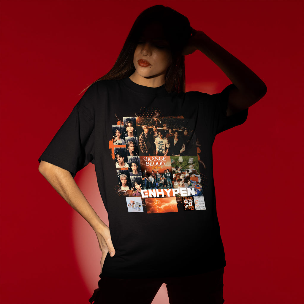 ENHYPEN Orange Blood Fanmade T-Shirt - Women view, Y2K kpop concert tee