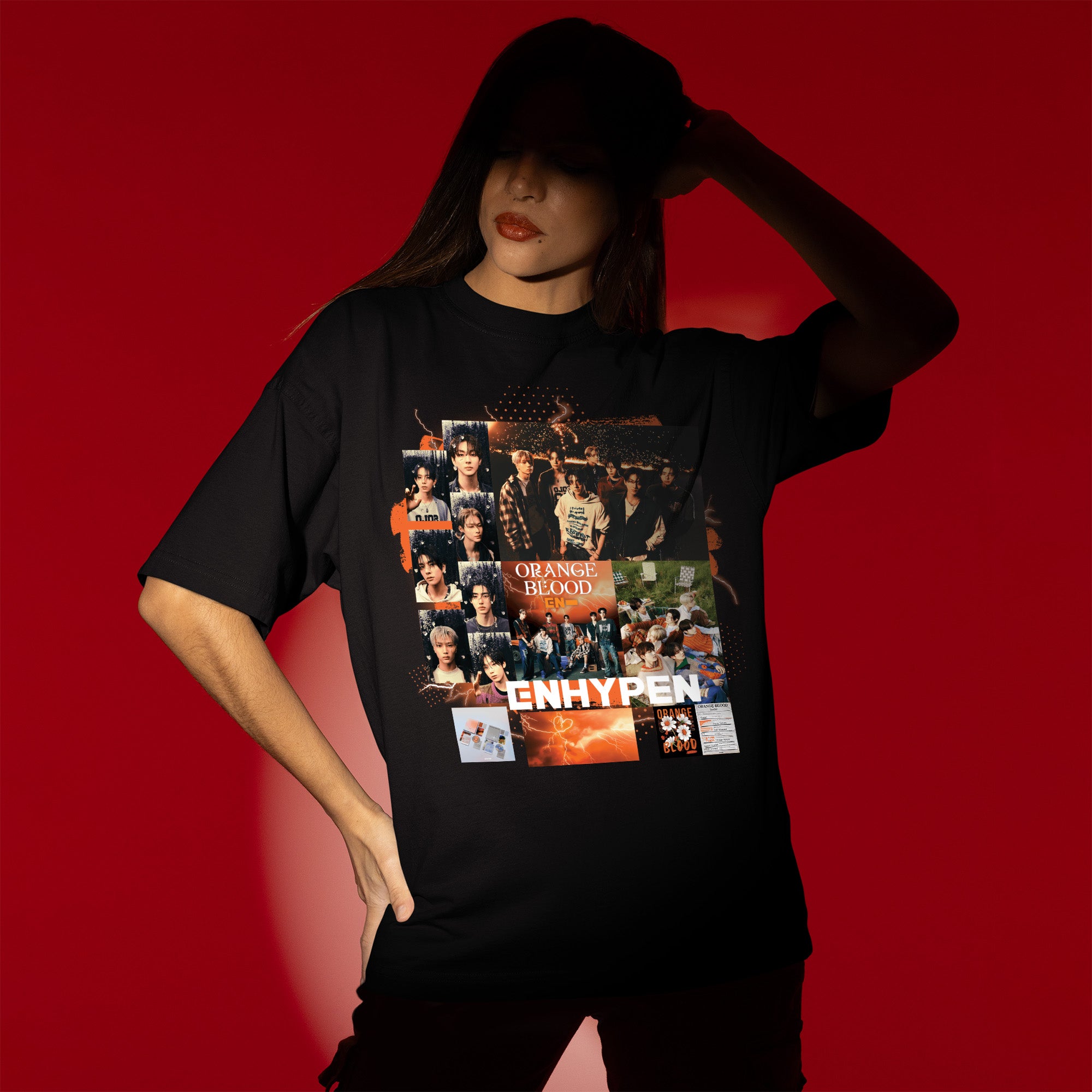 ENHYPEN Orange Blood Fanmade T-Shirt - Women view, Y2K kpop concert tee