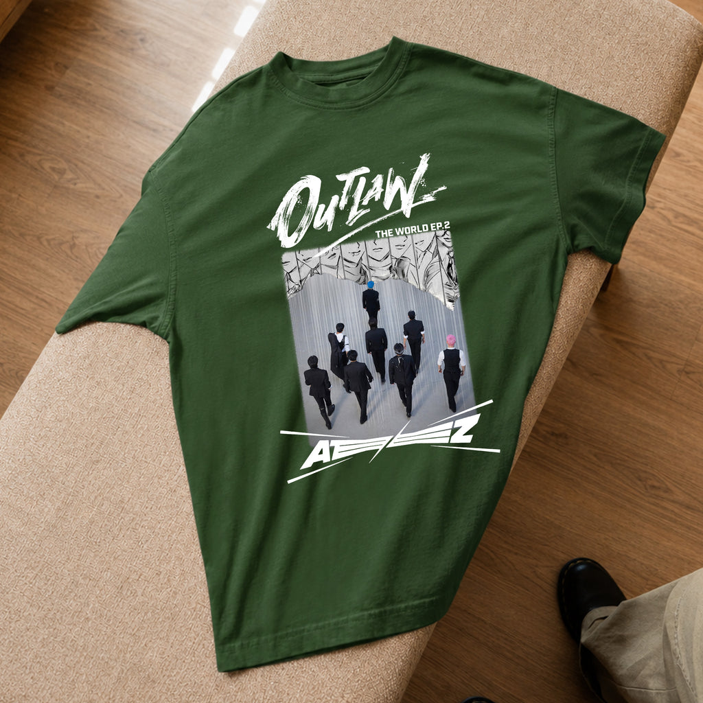 ATEEZ Graphic Outlaw T-Shirt - Spread view, Y2K kpop concert tee