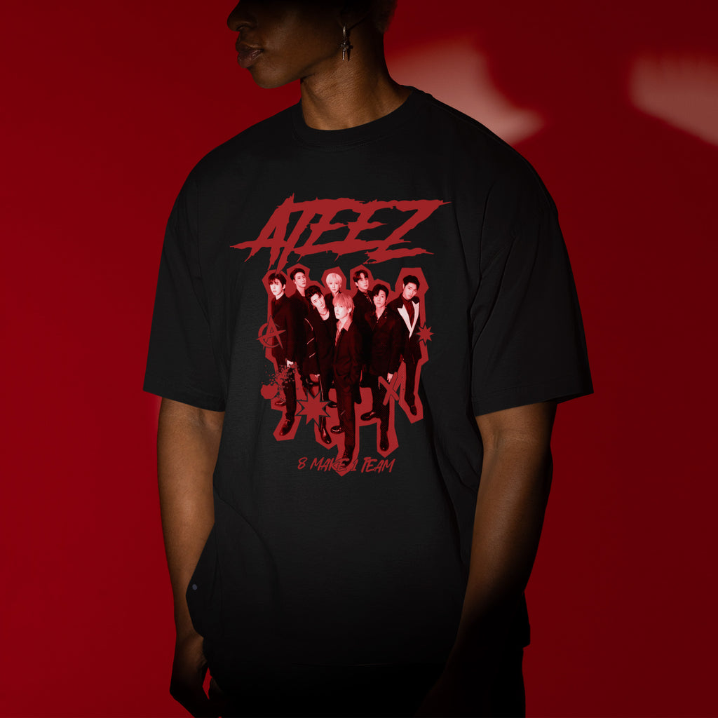 ATEEZ 8 Makes 1 Team Fanmade T-Shirt - Men view, Y2K kpop concert tee