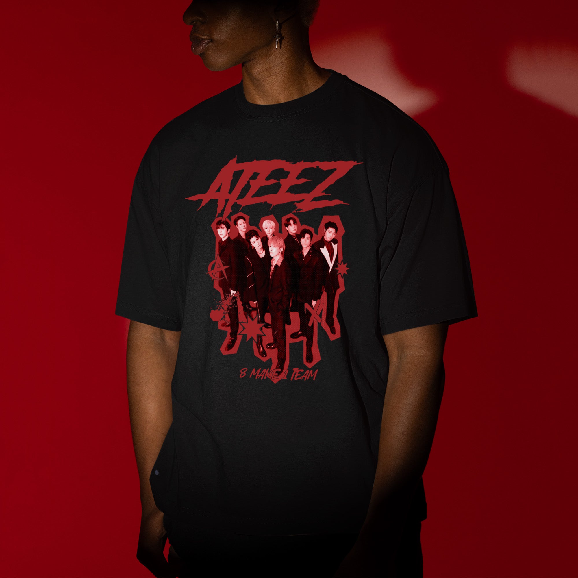 ATEEZ 8 Makes 1 Team Fanmade T-Shirt - Men view, Y2K kpop concert tee
