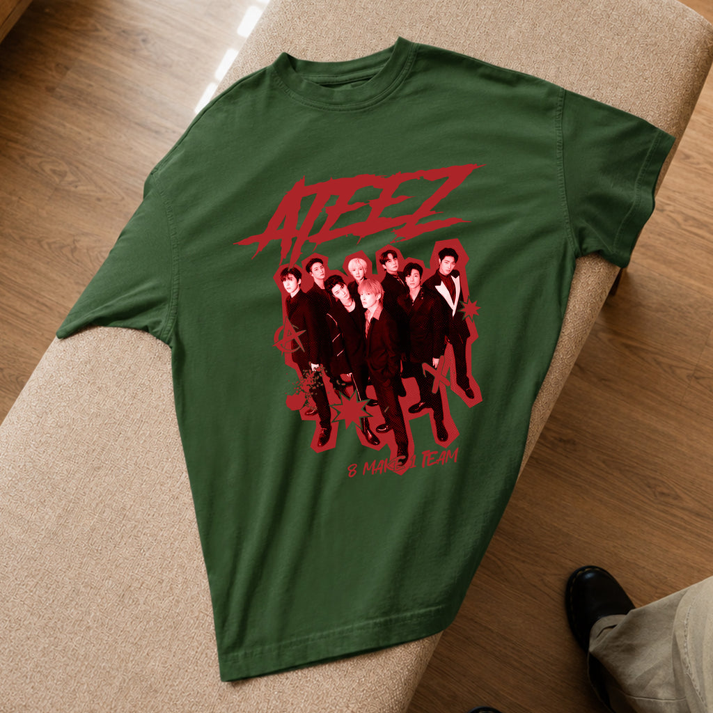 ATEEZ 8 Makes 1 Team Fanmade T-Shirt - Spread view, Y2K kpop concert tee