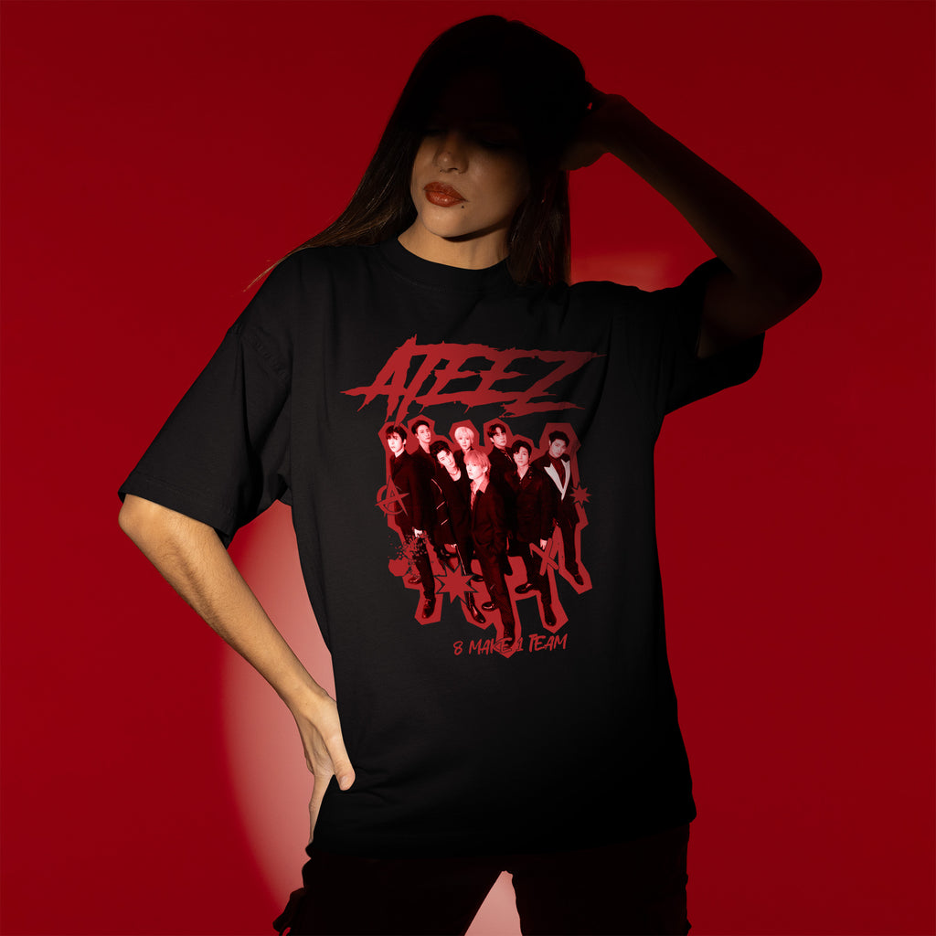 ATEEZ 8 Makes 1 Team Fanmade T-Shirt - Women view, Y2K kpop concert tee
