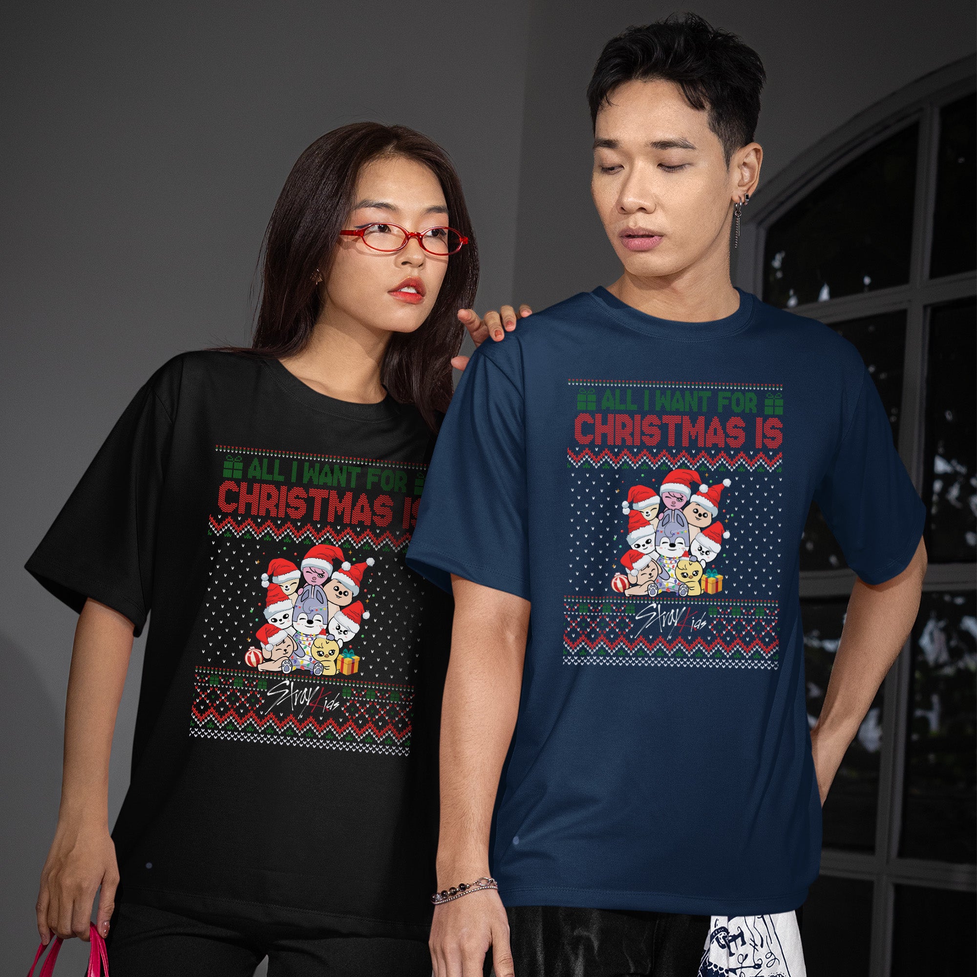 Stray Kids All I Want For Christmas Is Skzoo T-Shirt - Couple view, Y2K kpop concert tee