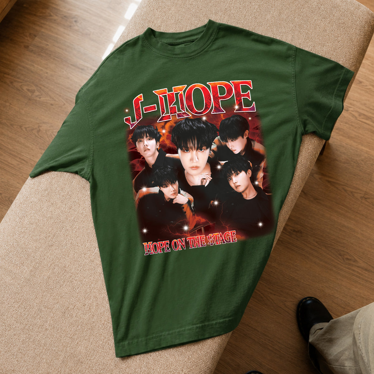 BTS J-Hope T-shirt: K-pop Idol Graphic T-Shirt - Spread view, Y2K kpop concert tee