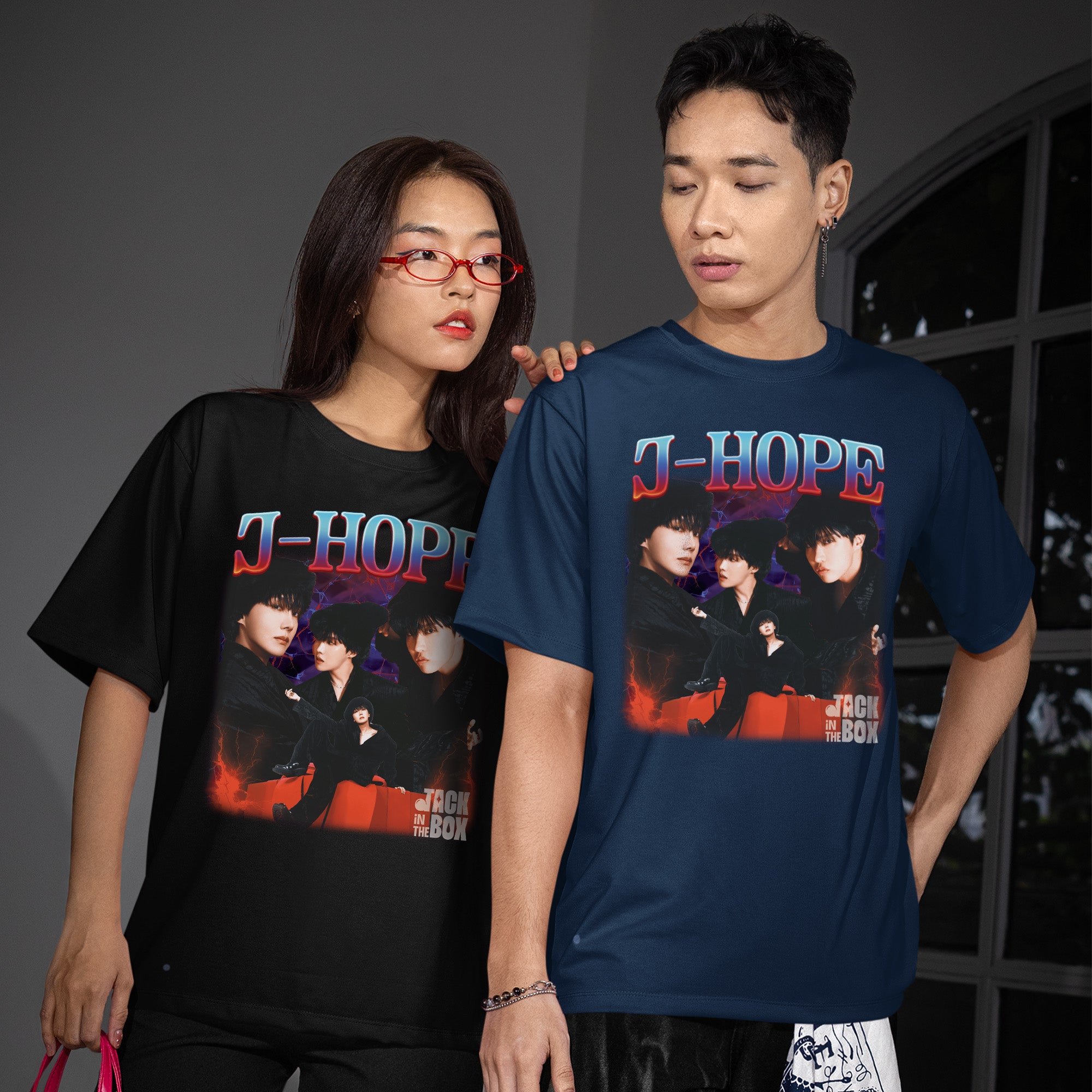 BTS J-Hope Jack In The Box Graphic T-Shirt - Couple view, Y2K kpop concert tee