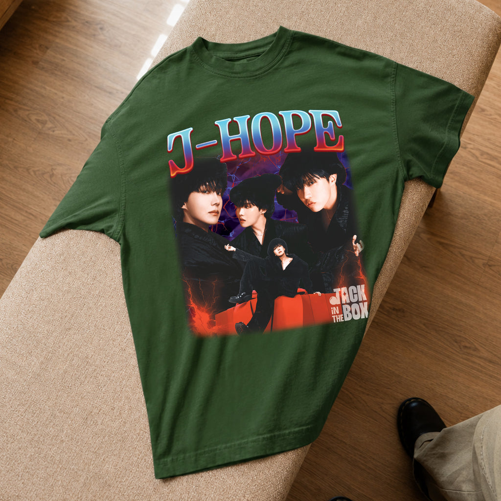 BTS J-Hope Jack In The Box Graphic T-Shirt - Spread view, Y2K kpop concert tee