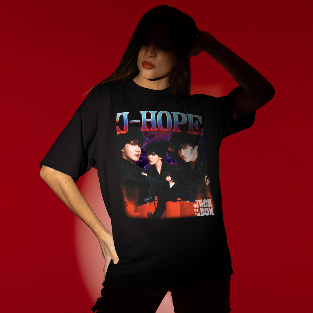 BTS J-Hope Jack In The Box Graphic T-Shirt - Women view, Y2K kpop concert tee