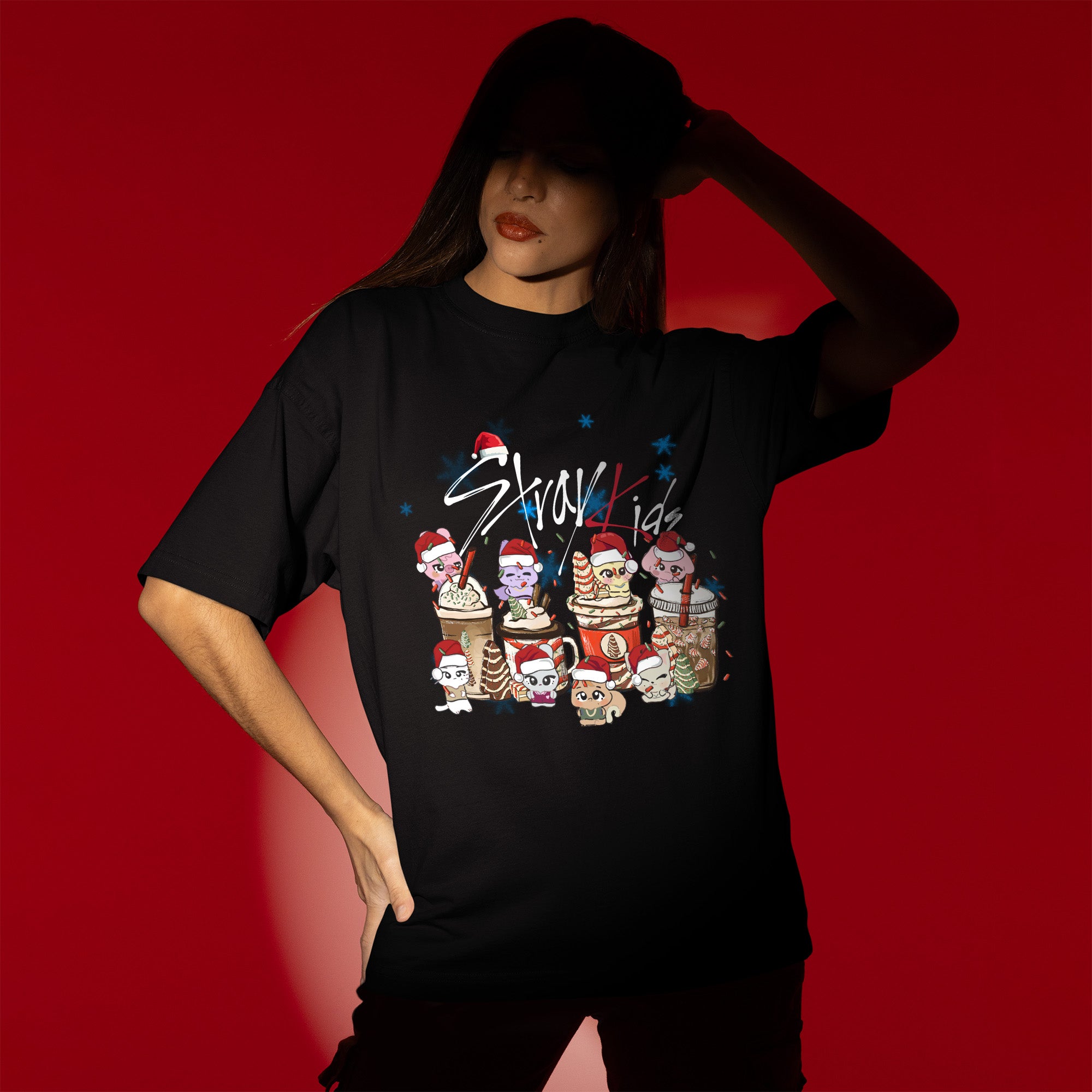 Stray Kids Xmas Cup Skzoo T-Shirt - Women view, Y2K kpop concert tee